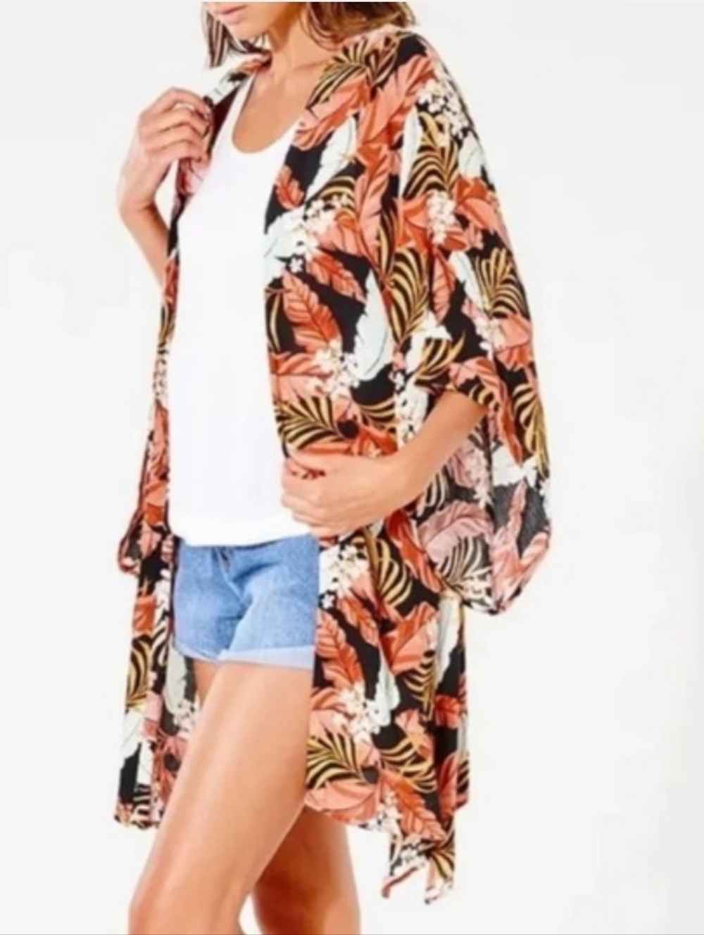 Rip Curl Womens Namoto Kimono Sz M Wide Sleeve Open Front Tropical Floral Beachy